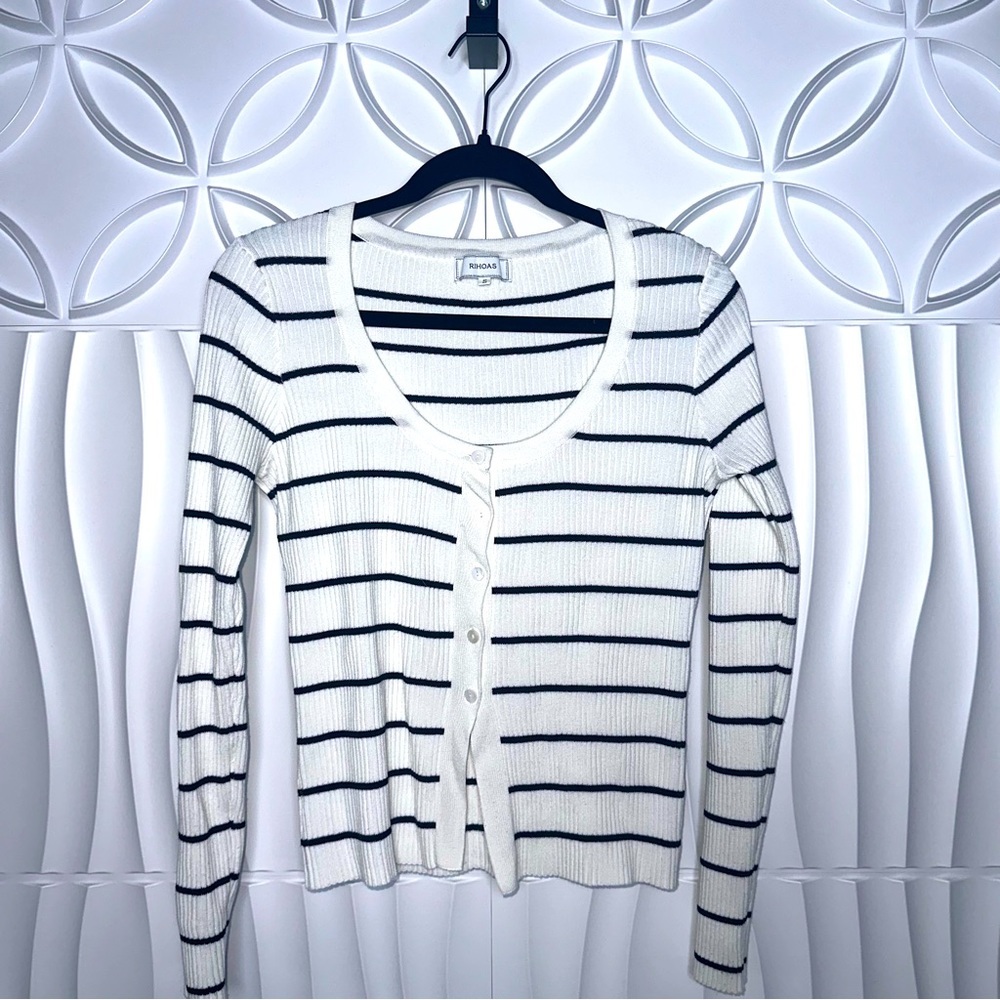 RIHOAS White and Black Striped Ribbed Button-Front Cardigan